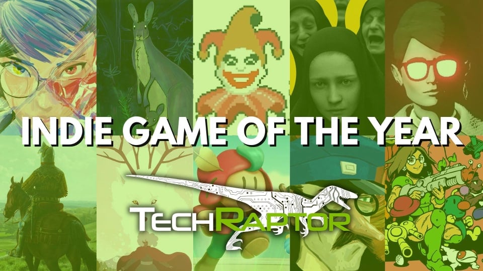 10 images of indie games highlighted in green with "INDIE GAME OF THE YEAR" in front of them. The TechRaptor logo is below that.