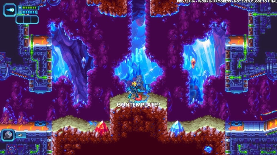 The hero Nina standing in a cavern, facing a statue