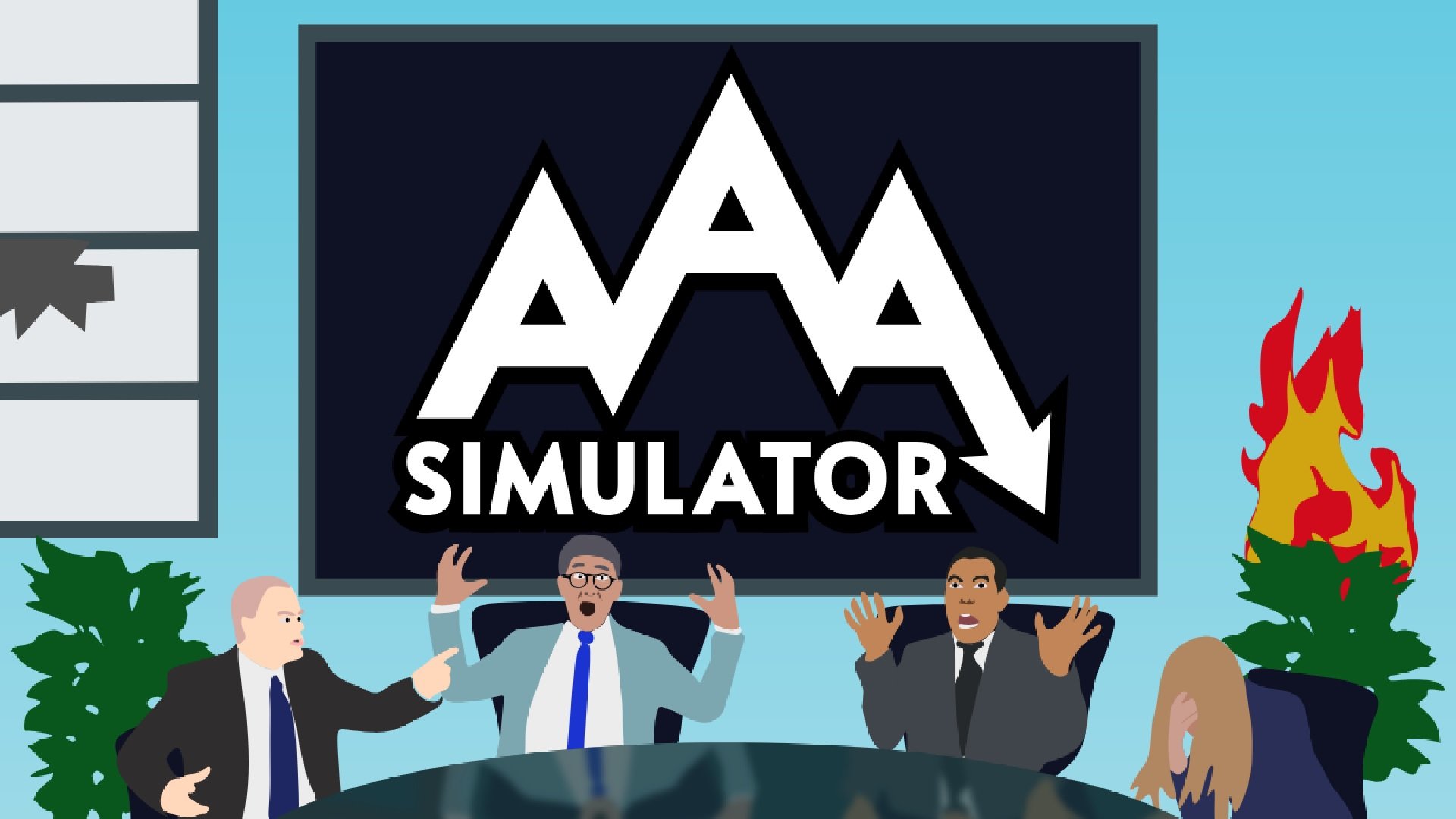 AAA Simulator header has the 3 A's connected like mountains with an arrow down on the far right one on a blackboard behind a semicircle board room table with 4 board members looking distraught while a plant in the back right of the room is on fire.