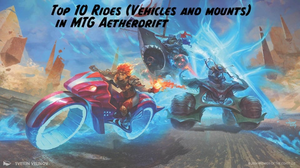 Aetherdrift Top 10 Vehicles and Mounts with an image of Chandra racing on her motorcycle ahead of an offroad type car, and a flying sharkmobile 