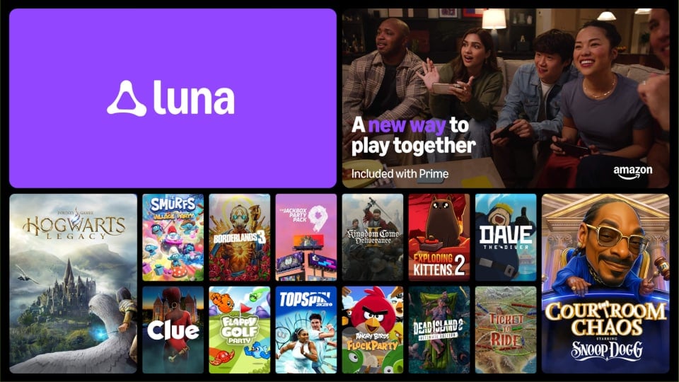 A banner for the new Amazon Luna rework, which shows the service's logo and several of the available games