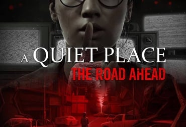 A spread-shot cover of A Quiet Place: The Road Ahead, involving the main Character Alex placing a finger to her lips behind several static TV sets.
