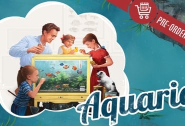 A 1950s portrait of a family surrounding an aquarium. The text, "Aquaria" is in the corner in fancy light blue text.