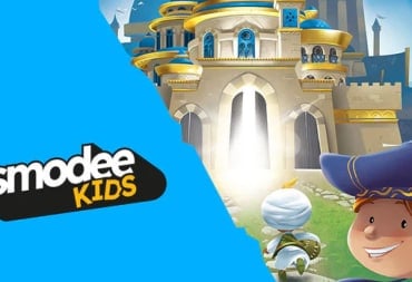 A split image. A stretch of blue with the "Asmodee Kids" logo on the left side. A fantasy castle and a smiling kid in a purple hat on the right.