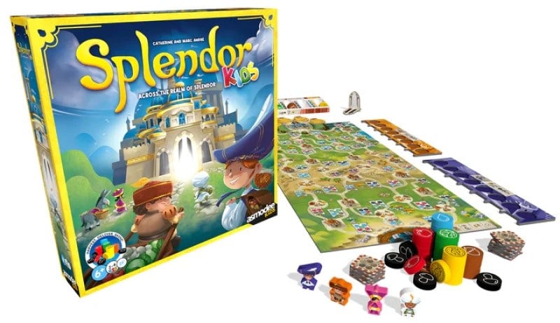 A promo image of a game box with its board and contents on display, the box is labeled "Splendor Kids"
