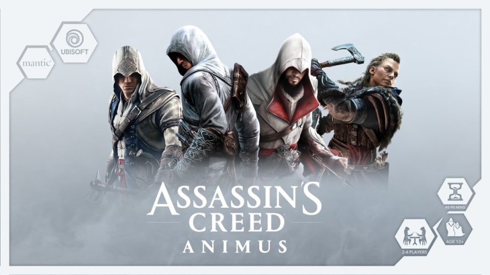 A group of different people in hoods on a white backgroun, the title, "Assassin's Creed Animus" is below on white text.