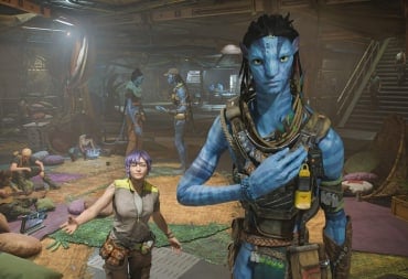 A Na'vi and a purple-haired human looking at the player in Avatar: Frontiers of Pandora