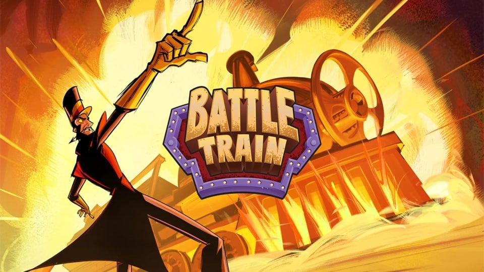 A spread-shot cover of Battle Train, showcasing Conductor Aalvado pointing off-screen while a train explodes behind him.