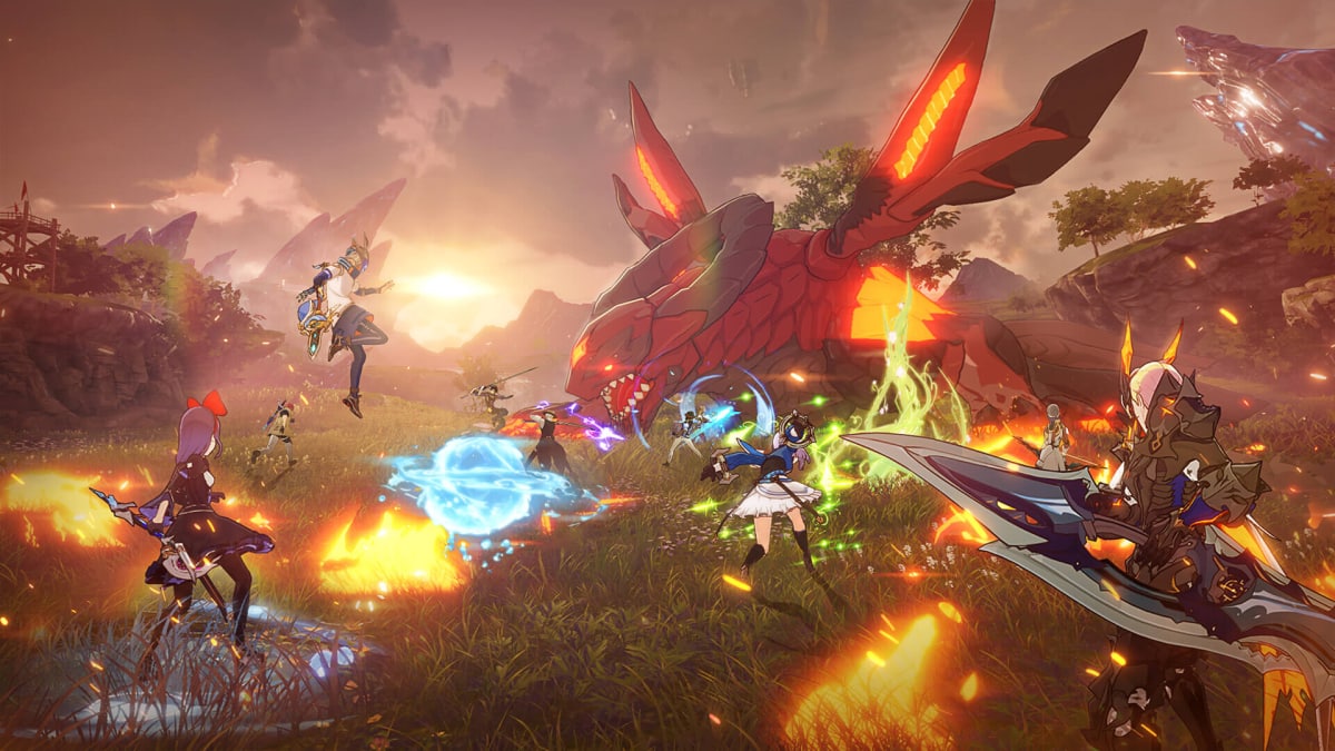 Players rushing to fight a giant red dragon-like enemy in Blue Protocol: Star Resonance