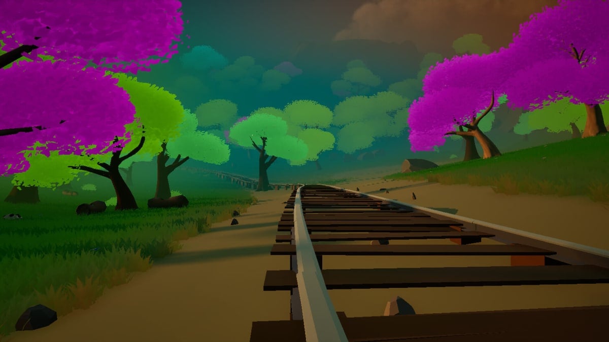 A serene-looking railroad surrounded by trees in the malware-injected Steam game Chemia