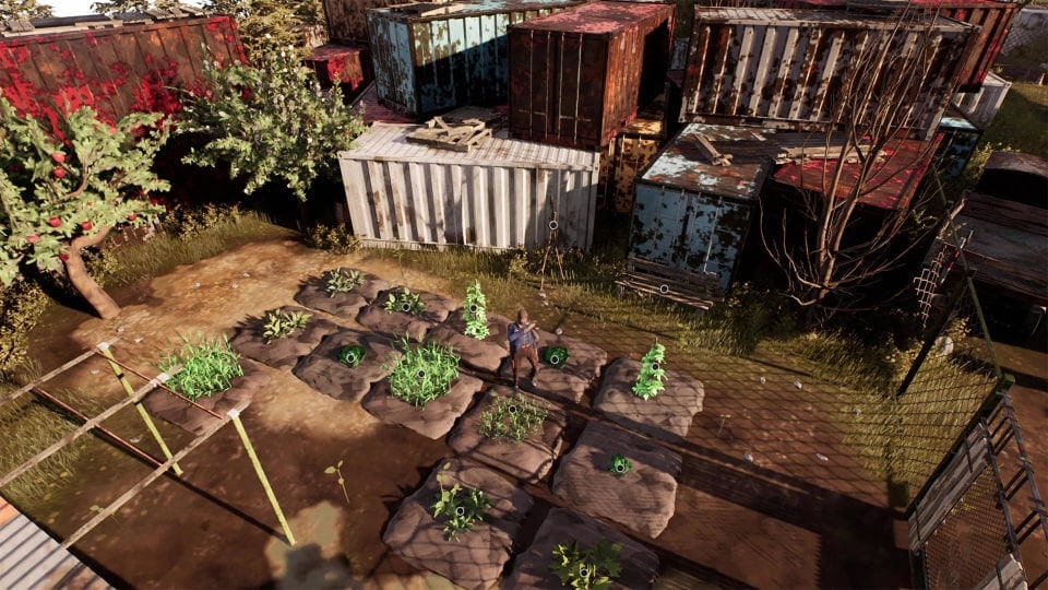 The Player Character of City 20 standing in a farm field next to some rusted shipping containers