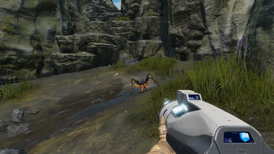 Player Character in a jungle like setting about to be attacked by a spider-like creature