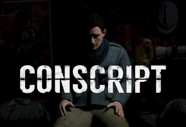 A spread-shot cover of CONSCRIPT, showcasing the games logo in front of the main character in a darkened room.