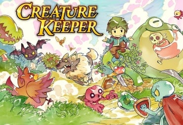 A spread-shot cover of Creature Keeper, featuring several depictions of monsters fighting each other, while player-character Blank sits on a hill and shrugs.