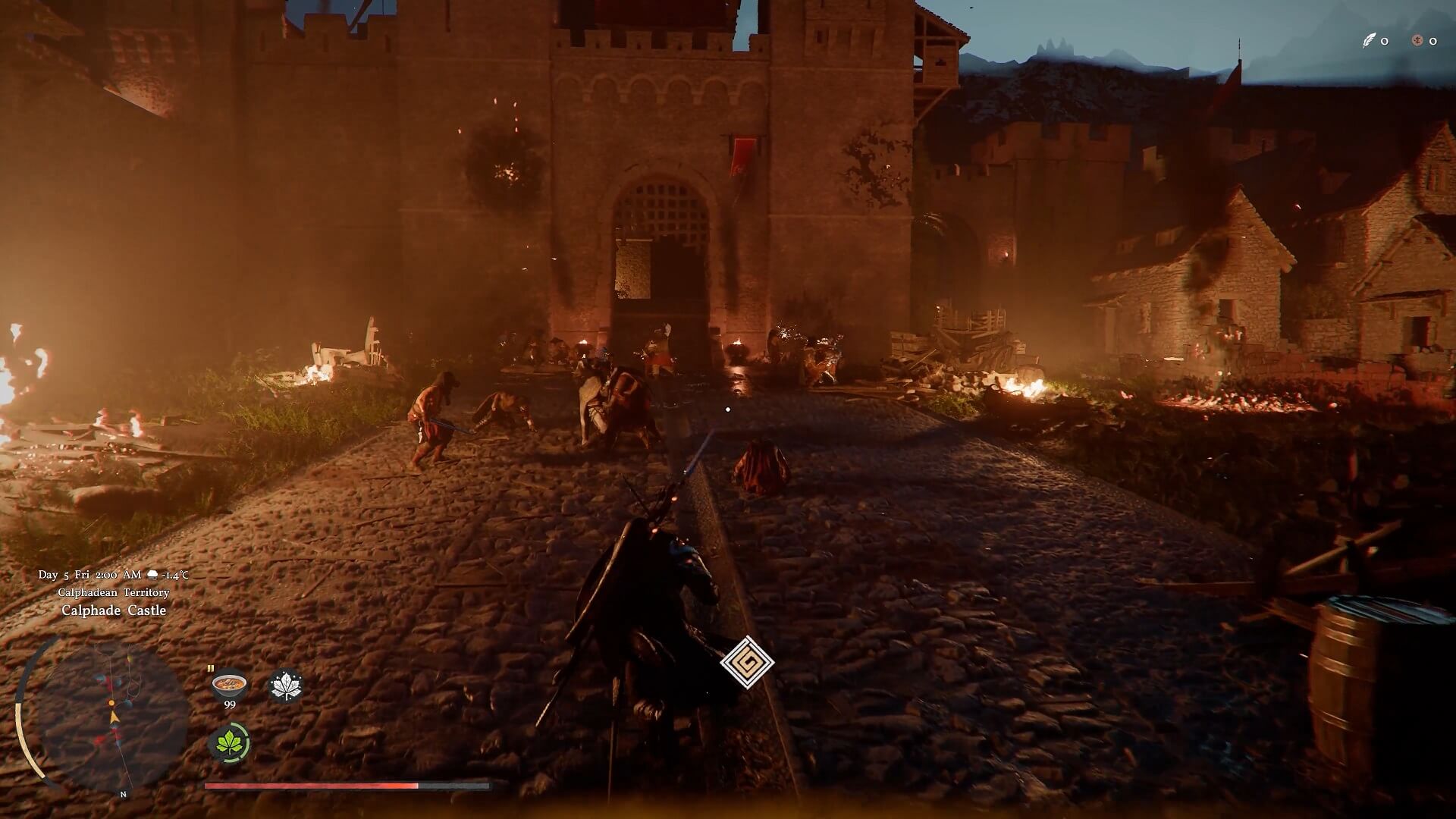 Soldiers fighting inside of a castle with many things on fire.