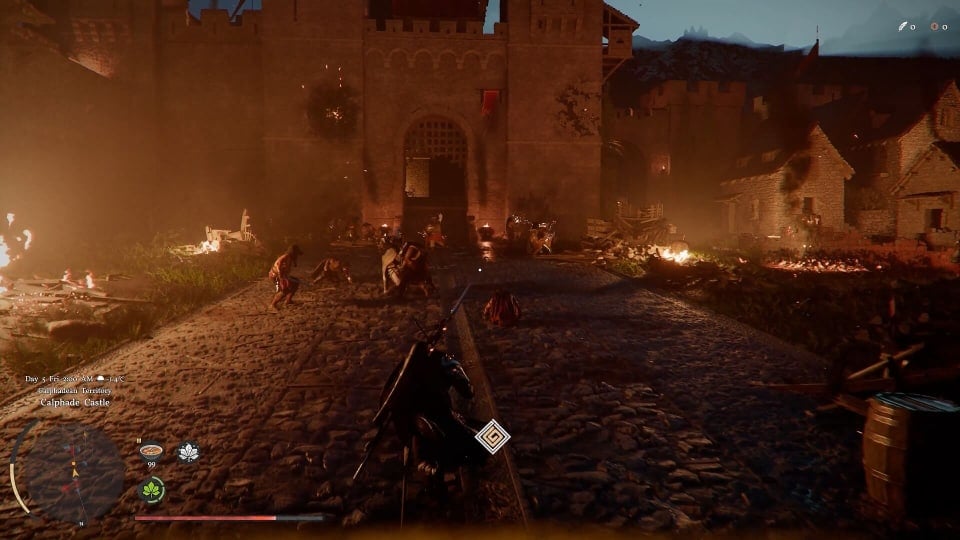 Soldiers fighting inside of a castle with many things on fire.