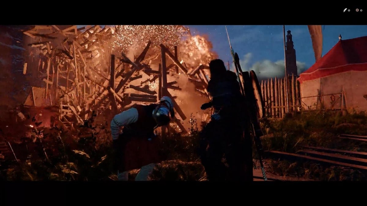 A wooden storehouse exploding, debris flying everywhere.