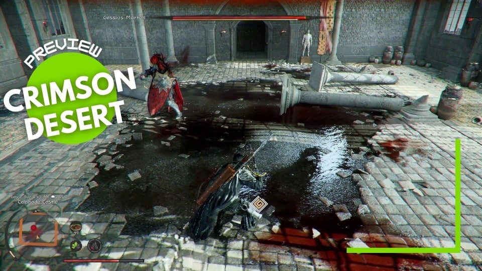 A knight faces off in a keep against a shoulder standing in a puddle.