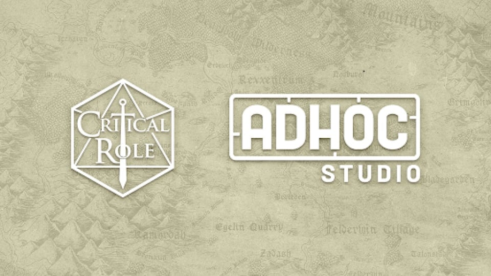 The Critical Role and AdHoc Studios logo imposed over a gray map of Exandria.