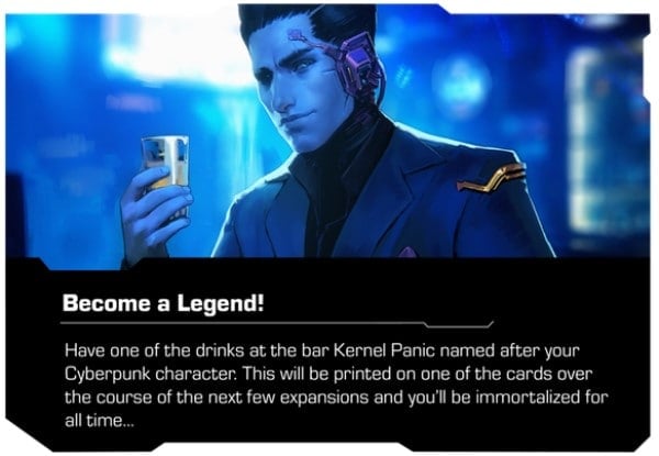 A man in a business suit sitting at a bar holding a glass. Text below says "Become a Legend"