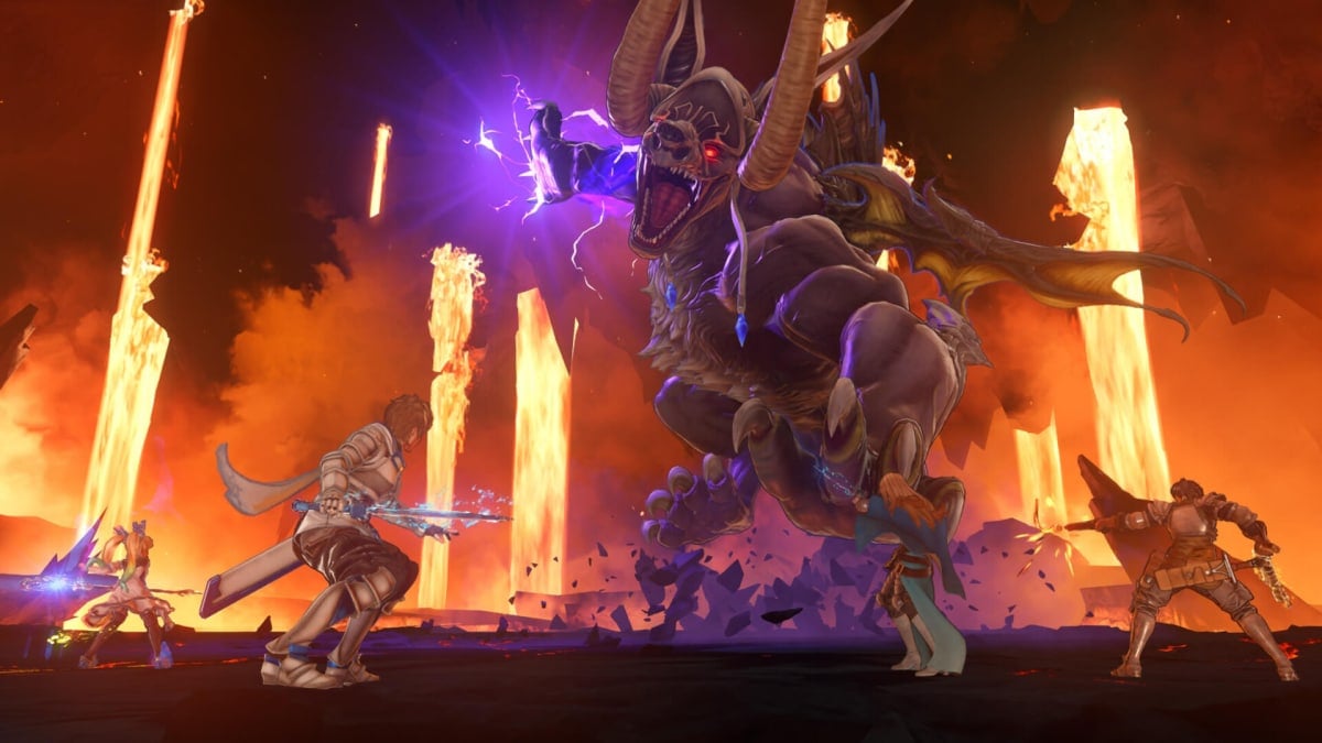 The main character in the Cygames title Granblue Fantasy: Relink battling a monster