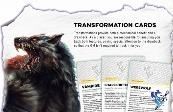 A screenshot of a werewolf alongside a sheet of cards on a white background.