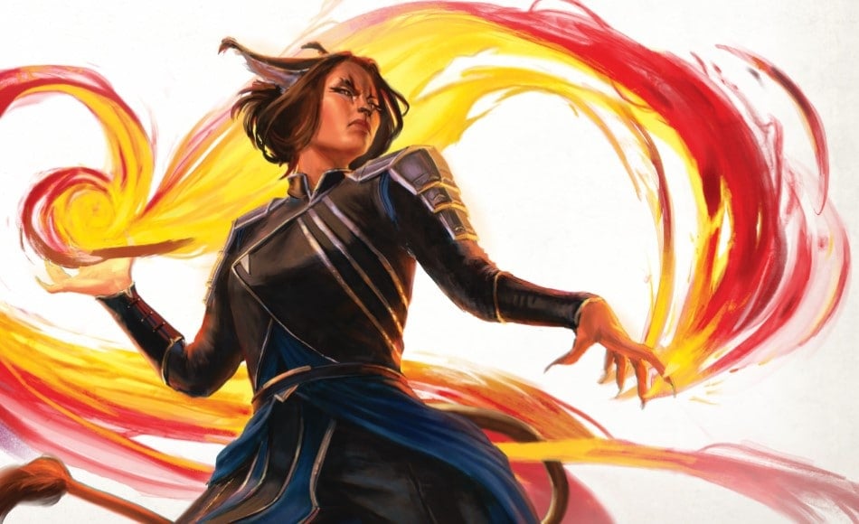 A woman with a cat nose and ears in a black robe surrounded by swirling red energy.