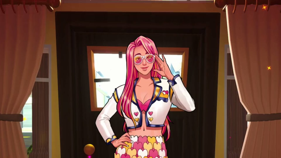 A pink-haired character with hearts all over her outfit in Date Everything!