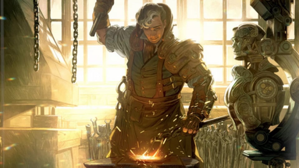 A person doing metalworking in front of an anvil, racks next to them contain robot parts.