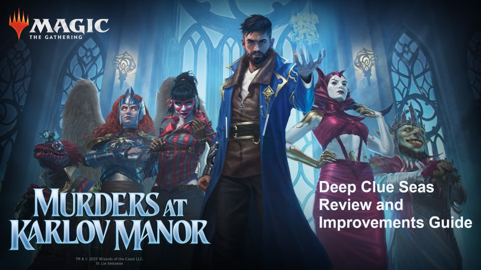 Murders at Karlov Manor key art featuring Detective Proft in front, with the words 'Deep Clue Sea Review and Improvements Guide" wrtten