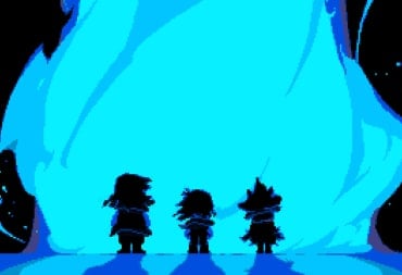 Three characters silhouetted against a blue flame column in artwork for Deltarune