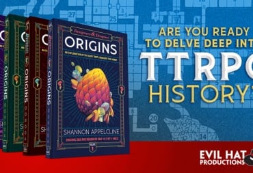 Four different colored hard-cover books with "Designers & Dragons: Origins" as the title. Text on the right reads, "Are You Ready To Delve Deep into TTRPG History?"