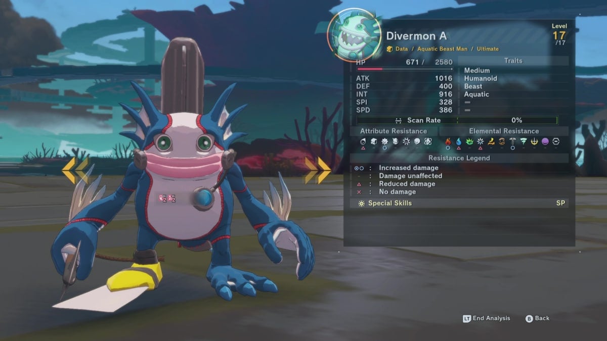 The player analyzes Divermon in Digimon Story: Time Stranger