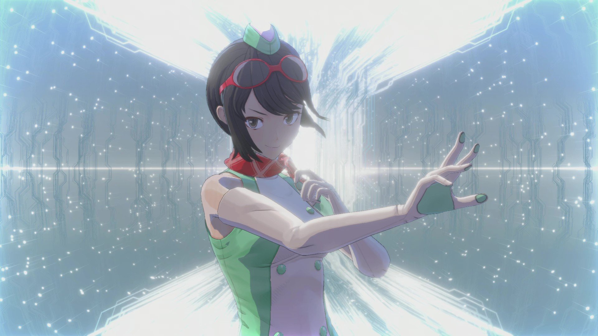 The female main character poses in Digimon Story Time Stranger