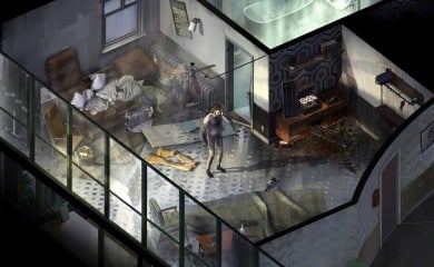 Harry Du Bois clutching his head in a hotel room in the ZA/UM game Disco Elysium