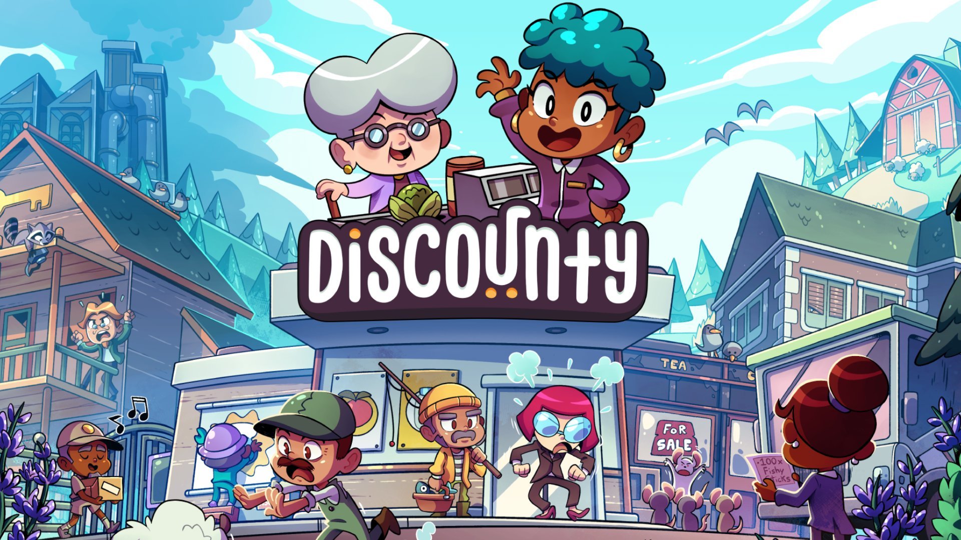 Discounty Key Art showing several cartoon characters running around a town with two standing above a supermarket with happy faces