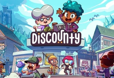 Discounty Key Art showing several cartoon characters running around a town with two standing above a supermarket with happy faces