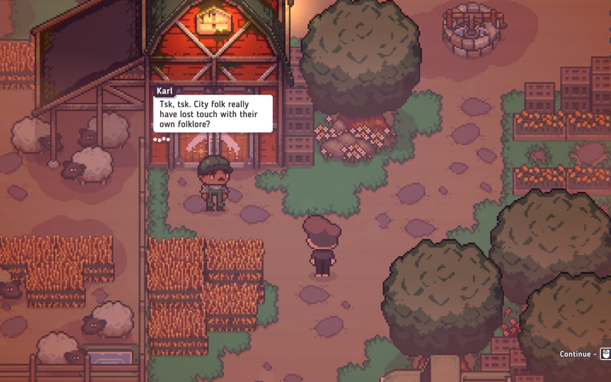 Discounty screenshot showing a farm with a barn that has a huge X scrawled across the door