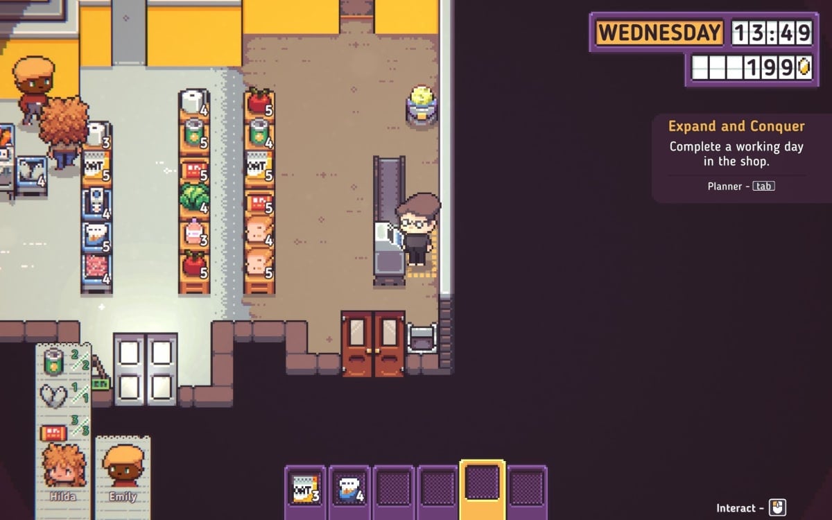 Discounty screenshot showing a person standing behind the counter of a store with terrible carpets and walls