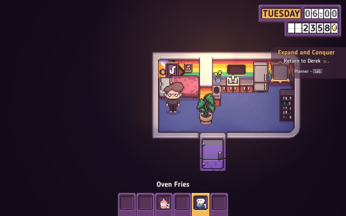 Discounty screenshot showing the inside of a small home with rainbow wallpaper and a few items of decoration