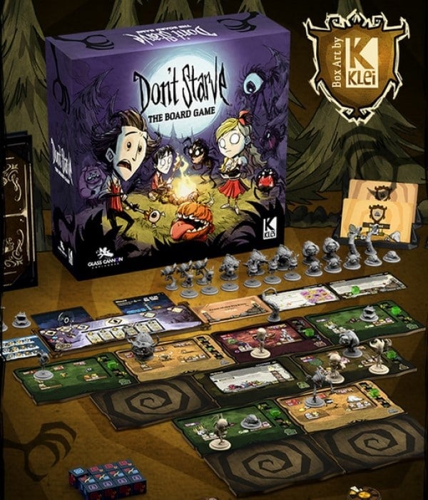 A display of the Don't Starve: The Board Game box, the game board, cards, standees, and miniatures.