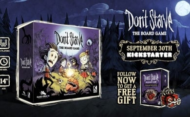 The game box for Don't Starve: The Board Game with a dark spooky forest in the background.