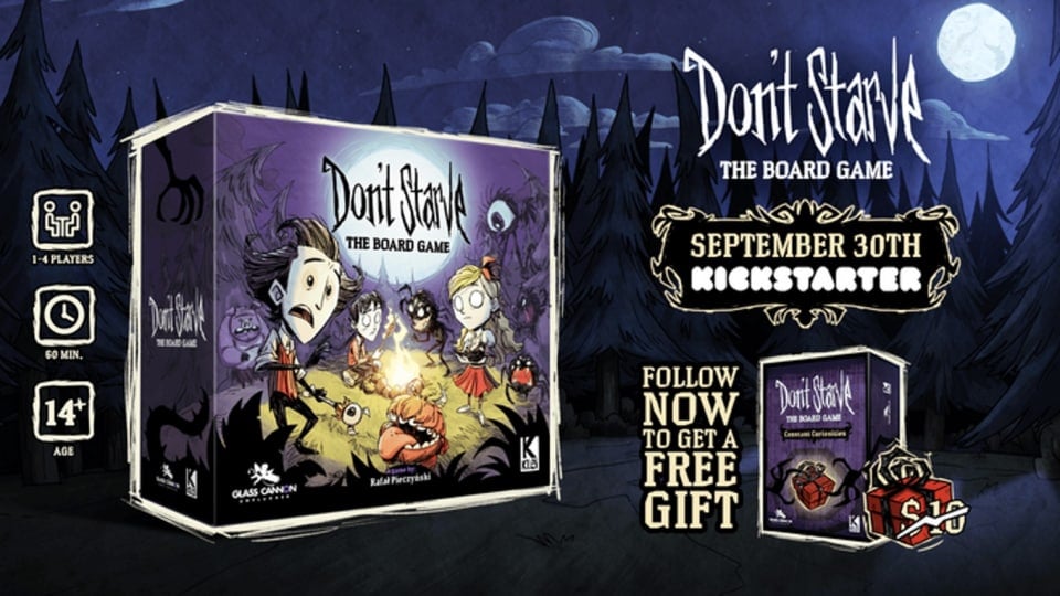 The game box for Don't Starve: The Board Game with a dark spooky forest in the background.