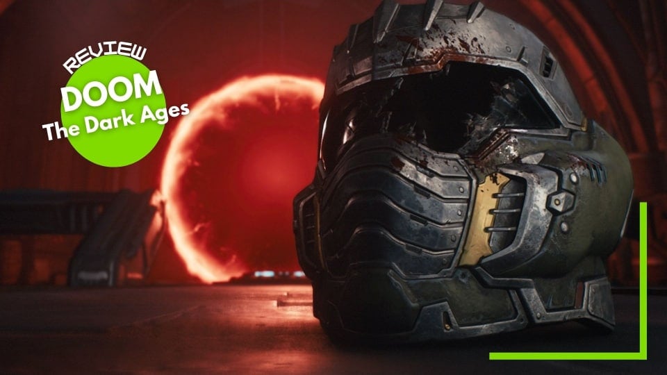Doom: The Dark Ages Review header image with the Doom Slayer's helmet