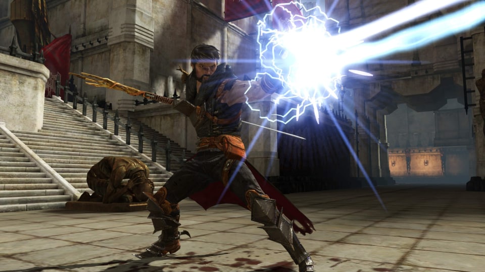Hawke firing off a laser-like spell in Dragon Age II