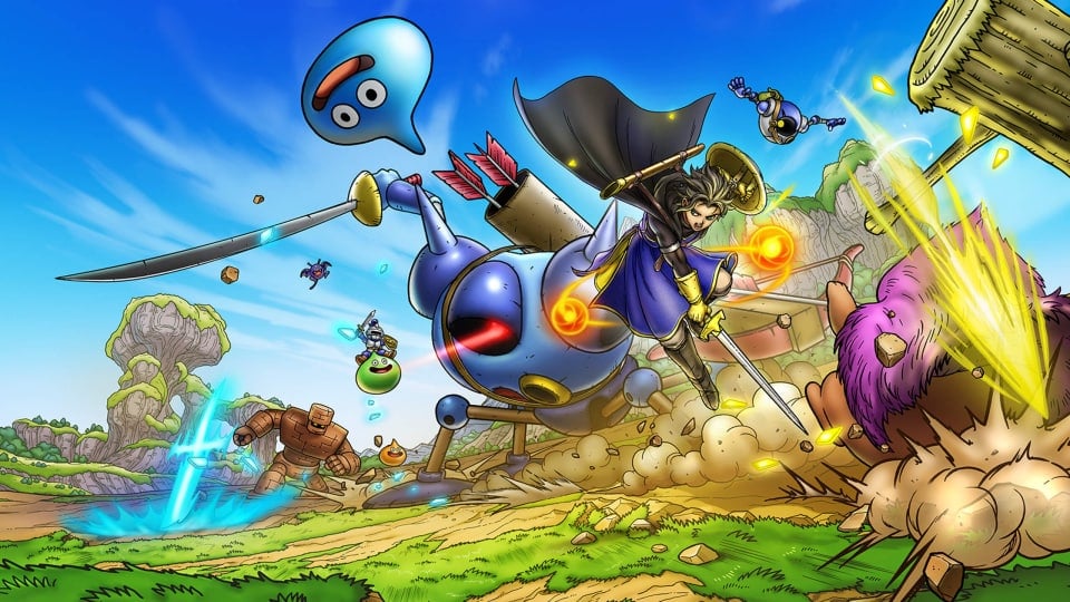 Artwork for Dragon Quest Smash/Grow, depicting a character attacking enemies and sending them flying