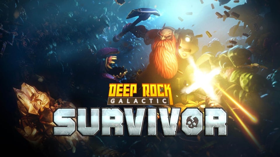 The key art for Deep Rock Galactic: Survivor, featuring a dwarf shooting a gun.