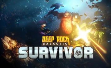 The key art for Deep Rock Galactic: Survivor, featuring a dwarf shooting a gun.