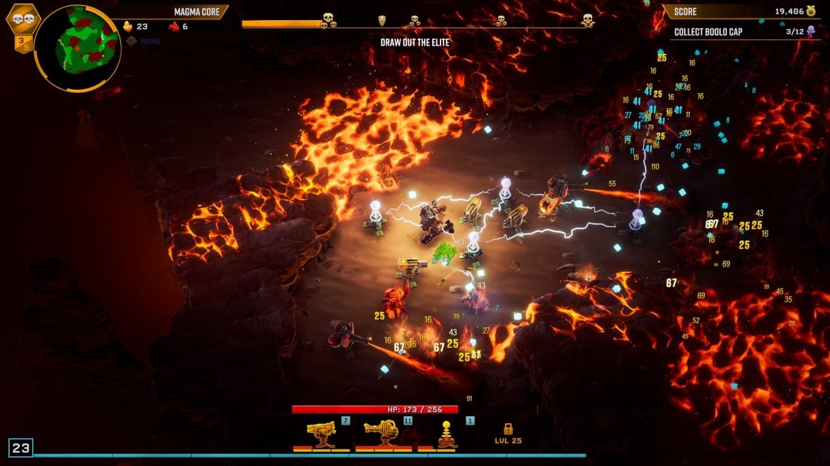 A miner surrounded by enemies in Deep Rock Galactic: Survivor.