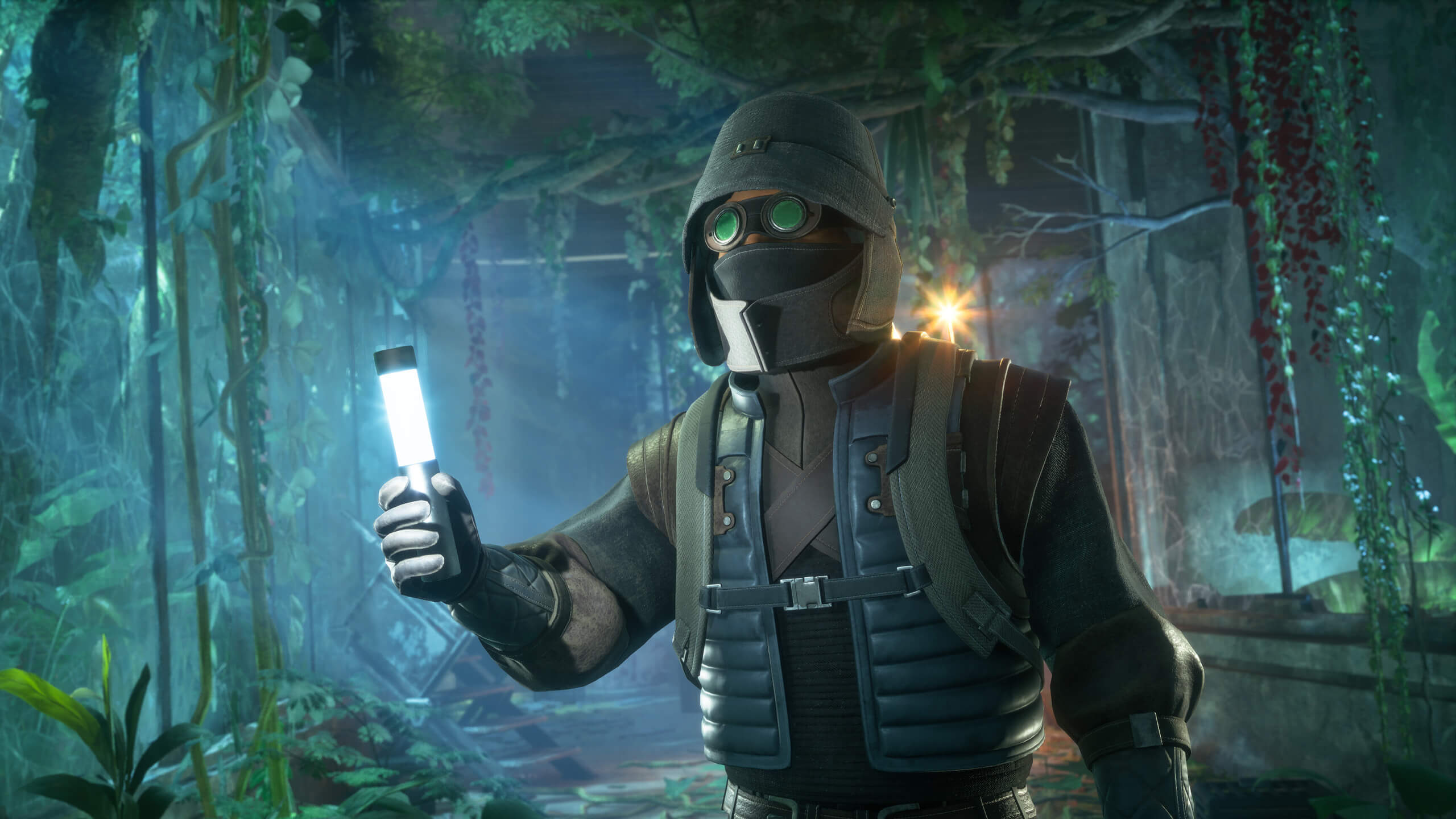 A masked character holding up a light in Funcom's Dune: Awakening